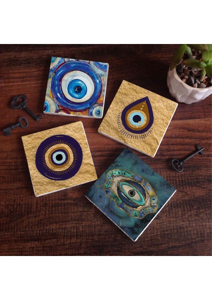Stone Nazar Taş Bardak Altlığı – 4’lü Set, 10x10 cm Dekoratif Masaüstü Koruyucu Doğaltaş Altlık |SC519|