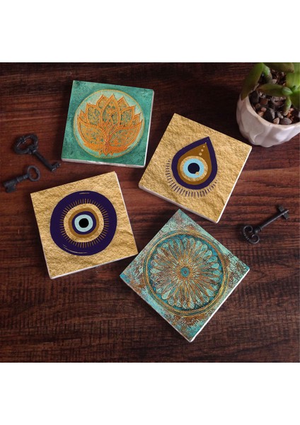 Nazar, Lotus Çiçeği, Yaşam Çiçeği Taş Bardak Altlığı – 4’lü Set, 10x10 cm Dekoratif Masaüstü Koruyucu Doğaltaş Altlık |SC522|