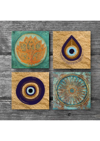 Nazar, Lotus Çiçeği, Yaşam Çiçeği Taş Bardak Altlığı – 4’lü Set, 10x10 cm Dekoratif Masaüstü Koruyucu Doğaltaş Altlık |SC522| modelleri