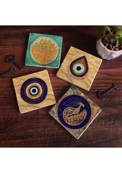 Stone Nazar, Lotus Çiçeği, Tavus Kuşu Taş Bardak Altlığı – 4’lü Set, 10x10 cm Dekoratif Masaüstü Koruyucu Doğaltaş Altlık |SC523|