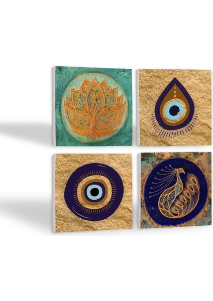 Stone Nazar, Lotus Çiçeği, Tavus Kuşu Taş Bardak Altlığı – 4’lü Set, 10x10 cm Dekoratif Masaüstü Koruyucu Doğaltaş Altlık |SC523| fiyatları