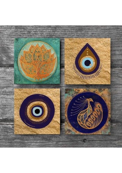 Stone Nazar, Lotus Çiçeği, Tavus Kuşu Taş Bardak Altlığı – 4’lü Set, 10x10 cm Dekoratif Masaüstü Koruyucu Doğaltaş Altlık |SC523| modelleri