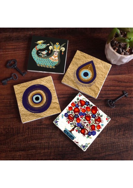 Stone Nazar, Şahmeran, Nar Ağacı Taş Bardak Altlığı – 4’lü Set, 10x10 cm Dekoratif Masaüstü Koruyucu Doğaltaş Altlık |SC525|