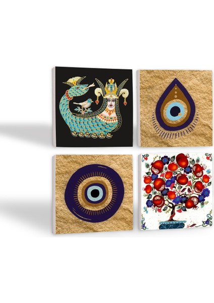 Stone Nazar, Şahmeran, Nar Ağacı Taş Bardak Altlığı – 4’lü Set, 10x10 cm Dekoratif Masaüstü Koruyucu Doğaltaş Altlık |SC525| fiyatları