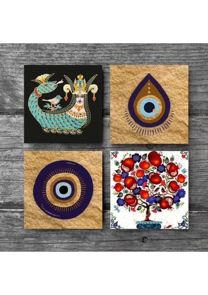 Stone Nazar, Şahmeran, Nar Ağacı Taş Bardak Altlığı – 4’lü Set, 10x10 cm Dekoratif Masaüstü Koruyucu Doğaltaş Altlık |SC525| modelleri