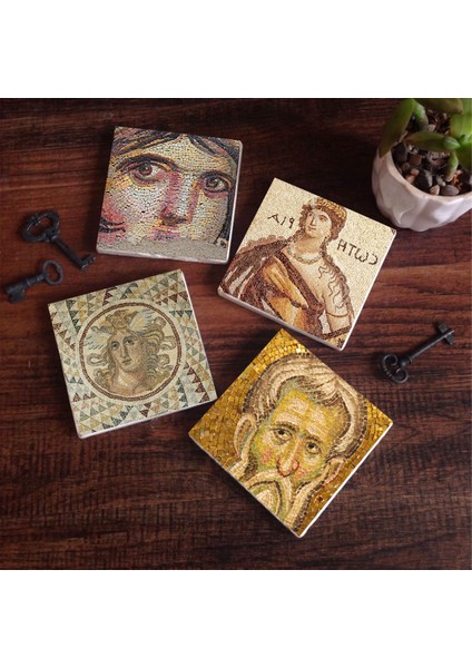 Soteria Mozaiği, Çingene Kızı, Mozaik Serisi Taş Bardak Altlığı Masaüstü Koruyucu Altlık 4 Parça Set 10x10cm Stone Coasters SC121
