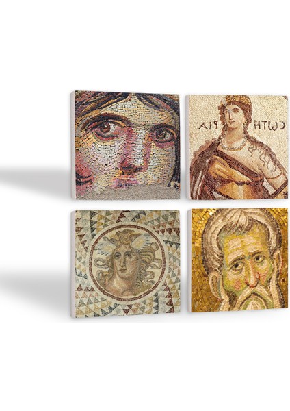 Soteria Mozaiği, Çingene Kızı, Mozaik Serisi Taş Bardak Altlığı Masaüstü Koruyucu Altlık 4 Parça Set 10x10cm Stone Coasters SC121