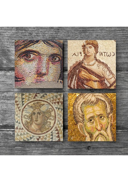 Soteria Mozaiği, Çingene Kızı, Mozaik Serisi Taş Bardak Altlığı Masaüstü Koruyucu Altlık 4 Parça Set 10x10cm Stone Coasters SC121