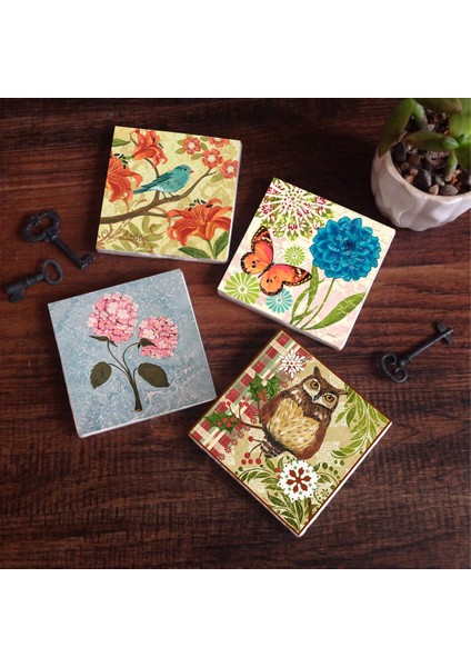 Kelebek, Serçe, Pembe Ortanca Çiçeği, Baykuş Taş Bardak Altlığı Masaüstü Koruyucu Altlık 4 Parça Set 10x10cm Stone Coasters SC319