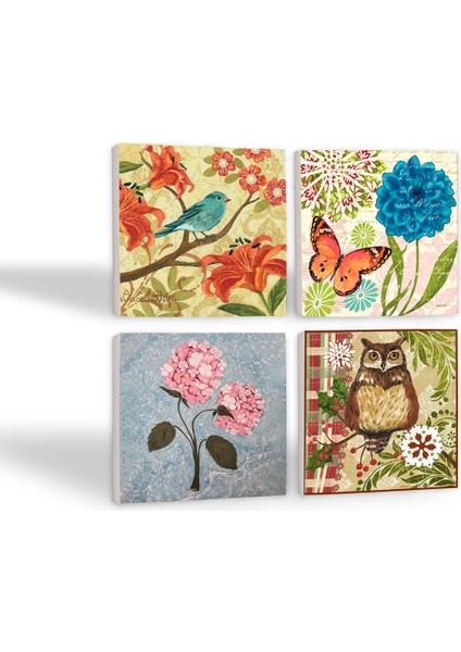 Kelebek, Serçe, Pembe Ortanca Çiçeği, Baykuş Taş Bardak Altlığı Masaüstü Koruyucu Altlık 4 Parça Set 10x10cm Stone Coasters SC319 fiyatları