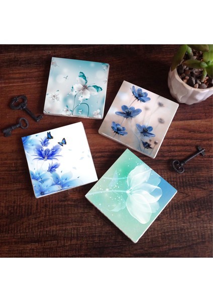 Stone Kelebeğin Rüyası Taş Bardak Altlığı – 4’lü Set, 10x10 cm Dekoratif Masaüstü Koruyucu Doğaltaş Altlık |SC122|