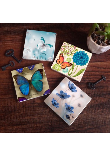 Stone Kelebek Taş Bardak Altlığı – 4’lü Set, 10x10 cm Dekoratif Masaüstü Koruyucu Doğaltaş Altlık |SC320|