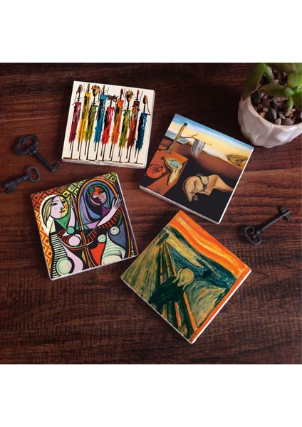 Dalí Belleğin Azmi, Picasso Ayna Karşısındaki Kız, Çığlık, Yerli Kadınlar Taş Bardak Altlığı Masaüstü Koruyucu Altlık 4 Parça Set 10x10cm Stone Coasters SC321