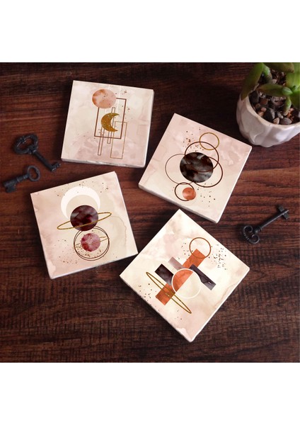 Stone Minimalist Soyut Taş Bardak Altlığı – 4’lü Set, 10x10 cm Dekoratif Masaüstü Koruyucu Doğaltaş Altlık |SC125|