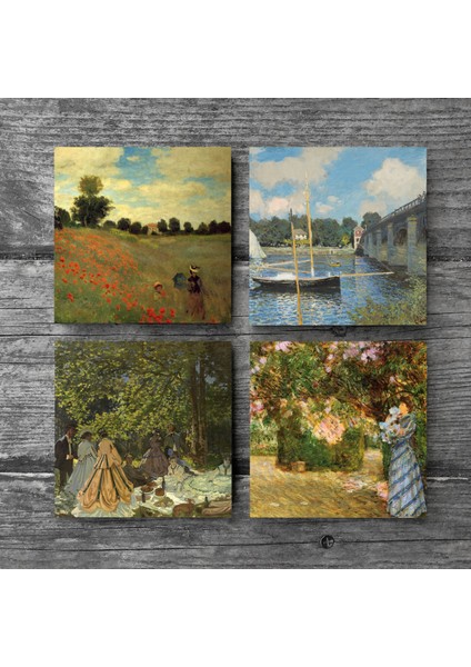 Claude Monet Bahçede, Kırda Öğle Yemeği, Argenteuil'de Köprü, Gelincikler Taş Bardak Altlığı Masaüstü Koruyucu Altlık 4 Parça Set 10x10cm Stone Coasters SC128 modelleri