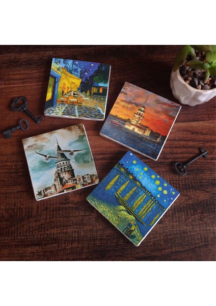 Stone Van Gogh Ren Nehri, Kafe Terasta Gece, İstanbul Galata Kulesi, Kız Kulesi Taş Bardak Altlığı – 4’lü Set, 10x10 cm Dekoratif Masaüstü Koruyucu Doğaltaş Altlık |SC327|