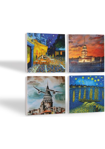 Stone Van Gogh Ren Nehri, Kafe Terasta Gece, İstanbul Galata Kulesi, Kız Kulesi Taş Bardak Altlığı – 4’lü Set, 10x10 cm Dekoratif Masaüstü Koruyucu Doğaltaş Altlık |SC327| fiyatları