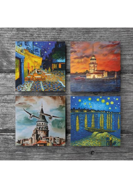 Stone Van Gogh Ren Nehri, Kafe Terasta Gece, İstanbul Galata Kulesi, Kız Kulesi Taş Bardak Altlığı – 4’lü Set, 10x10 cm Dekoratif Masaüstü Koruyucu Doğaltaş Altlık |SC327| modelleri