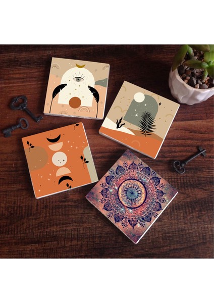 Stone Bohem, Mandala Taş Bardak Altlığı – 4’lü Set, 10x10 cm Dekoratif Masaüstü Koruyucu Doğaltaş Altlık |SC130|
