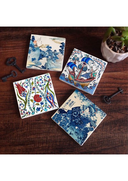 Stone Japon Sanatı, Fuji Dağı, Çini Sanatı Lale, Yelkenli Gemi Taş Bardak Altlığı – 4’lü Set, 10x10 cm Dekoratif Masaüstü Koruyucu Doğaltaş Altlık |SC328|