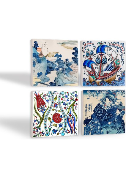 Stone Japon Sanatı, Fuji Dağı, Çini Sanatı Lale, Yelkenli Gemi Taş Bardak Altlığı – 4’lü Set, 10x10 cm Dekoratif Masaüstü Koruyucu Doğaltaş Altlık |SC328| fiyatları