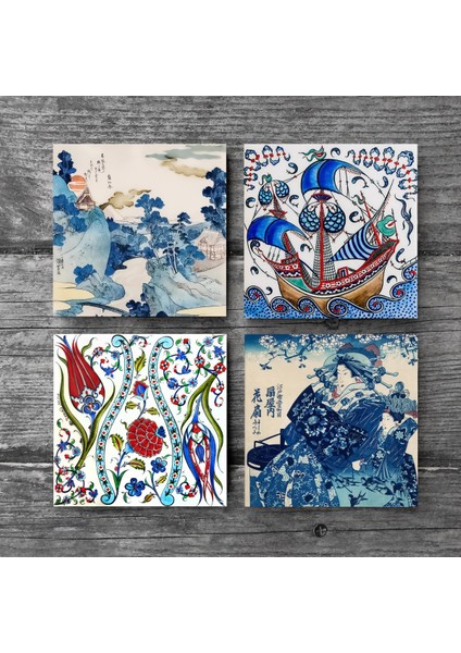 Stone Japon Sanatı, Fuji Dağı, Çini Sanatı Lale, Yelkenli Gemi Taş Bardak Altlığı – 4’lü Set, 10x10 cm Dekoratif Masaüstü Koruyucu Doğaltaş Altlık |SC328| modelleri