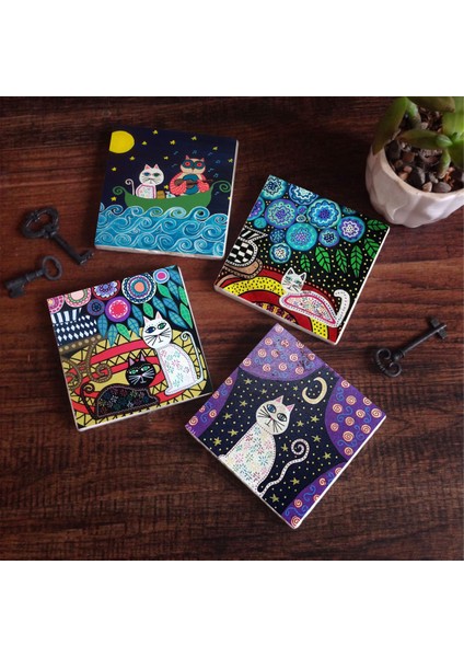 Stone Kedi Taş Bardak Altlığı – 4’lü Set, 10x10 cm Dekoratif Masaüstü Koruyucu Doğaltaş Altlık |SC131|