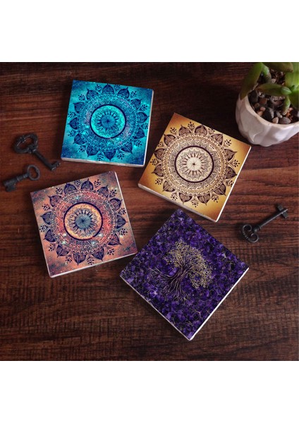 Mandala, Hayat Ağacı Taş Bardak Altlığı – 4’lü Set, 10x10 cm Dekoratif Masaüstü Koruyucu Doğaltaş Altlık |SC132|