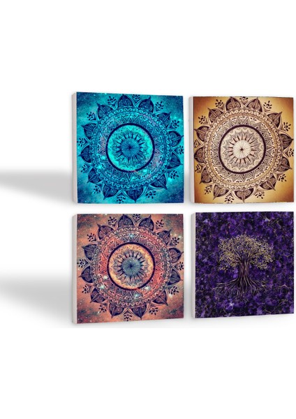 Mandala, Hayat Ağacı Taş Bardak Altlığı – 4’lü Set, 10x10 cm Dekoratif Masaüstü Koruyucu Doğaltaş Altlık |SC132| fiyatları