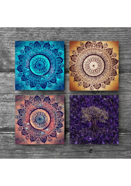 Mandala, Hayat Ağacı Taş Bardak Altlığı – 4’lü Set, 10x10 cm Dekoratif Masaüstü Koruyucu Doğaltaş Altlık |SC132| modelleri