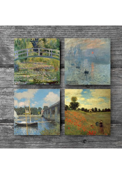 Stone Claude Monet Argenteuil'de Köprü, Gelincikler, İzlenim Gün Doğumu, Nilüfer Gölü Taş Bardak Altlığı – 4’lü Set, 10x10 cm Dekoratif Masaüstü Koruyucu Doğaltaş Altlık |SC527| modelleri