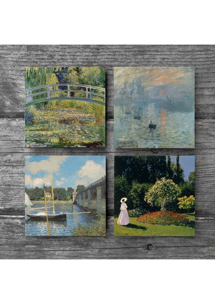 Monet Bahçedeki Kadın, Argenteuil'de Köprü, İzlenim Gün Doğumu, Nilüfer Gölü Taş Bardak Altlığı Masaüstü Koruyucu Altlık 4 Parça Set 10x10cm Stone Coasters SC528