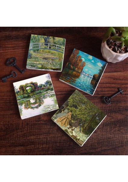 Claude Monet Sonbahar, Gül Çiçekli Kemer, Kırda Öğle Yemeği, Nilüfer Gölü Taş Bardak Altlığı Masaüstü Koruyucu Altlık 4 Parça Set 10x10cm Stone Coasters SC531