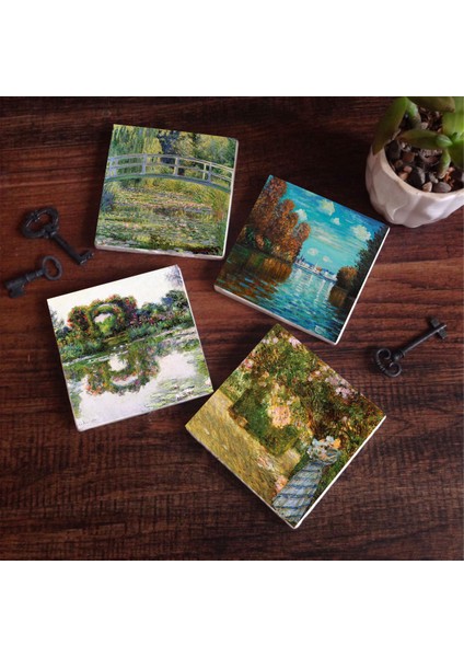 Claude Monet Sonbahar, Bahçede, Gül Çiçekli Kemer, Nilüfer Gölü Taş Bardak Altlığı Masaüstü Koruyucu Altlık 4 Parça Set 10x10cm Stone Coasters SC532