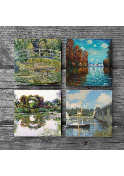 Claude Monet Sonbahar, Gül Çiçekli Kemer, Argenteuil'de Köprü, Nilüfer Gölü Taş Bardak Altlığı Masaüstü Koruyucu Altlık 4 Parça Set 10x10cm Stone Coasters SC533