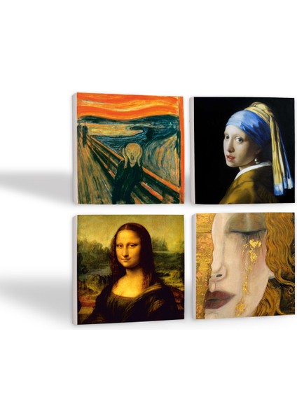 Çığlık, İnci Küpeli Kız, Gustav Klimt Altın Gözyaşları, Da Vinci Mona Lisa Taş Bardak Altlığı Masaüstü Koruyucu Altlık 4 Parça Set 10x10cm Stone Coasters SC536