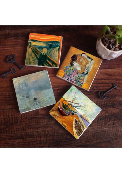 Van Gogh Balıkçı Tekneleri, Monet Gün Doğumu, Çığlık, Klimt Aile Kucaklama Taş Bardak Altlığı – 4’lü Set, 10x10 cm Dekoratif Masaüstü Koruyucu Doğaltaş Altlık |SC537|