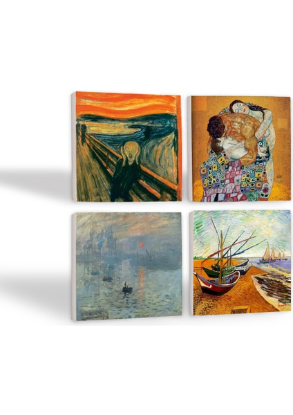 Van Gogh Balıkçı Tekneleri, Monet Gün Doğumu, Çığlık, Klimt Aile Kucaklama Taş Bardak Altlığı – 4’lü Set, 10x10 cm Dekoratif Masaüstü Koruyucu Doğaltaş Altlık |SC537| fiyatları