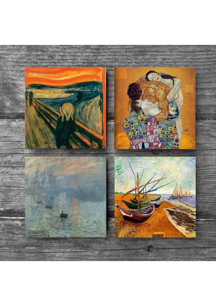 Van Gogh Balıkçı Tekneleri, Monet Gün Doğumu, Çığlık, Klimt Aile Kucaklama Taş Bardak Altlığı – 4’lü Set, 10x10 cm Dekoratif Masaüstü Koruyucu Doğaltaş Altlık |SC537| modelleri