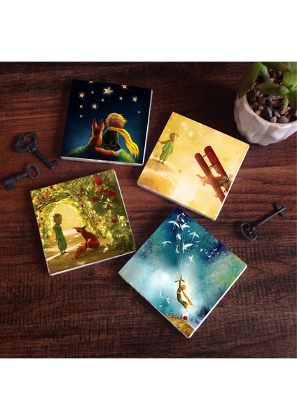 Küçük Prens Taş Bardak Altlığı Masaüstü Koruyucu Altlık 4 Parça Set 10x10cm Stone Coasters SC134