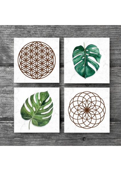 Yaprak, Yaşam Çiçeği Taş Bardak Altlığı – 4’lü Set, 10x10 cm Dekoratif Masaüstü Koruyucu Doğaltaş Altlık |SC135| modelleri