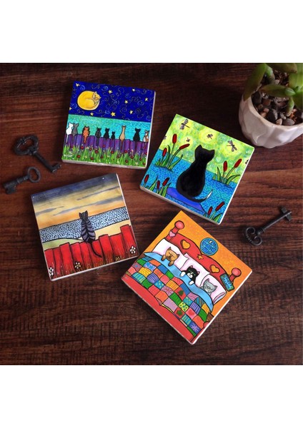 Kedi Taş Bardak Altlığı – 4’lü Set, 10x10 cm Dekoratif Masaüstü Koruyucu Doğaltaş Altlık |SC136|