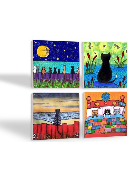 Kedi Taş Bardak Altlığı – 4’lü Set, 10x10 cm Dekoratif Masaüstü Koruyucu Doğaltaş Altlık |SC136| fiyatları