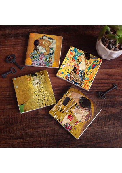 Gustav Klimt Yelpazeli Kadın, Bauer'in Portresi, Aile Kucaklama, Öpücük Taş Bardak Altlığı – 4’lü Set, 10x10 cm Dekoratif Masaüstü Koruyucu Doğaltaş Altlık |SC334|