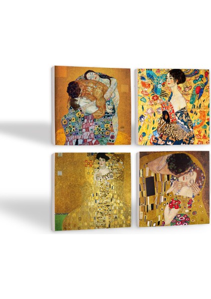 Gustav Klimt Yelpazeli Kadın, Bauer'in Portresi, Aile Kucaklama, Öpücük Taş Bardak Altlığı – 4’lü Set, 10x10 cm Dekoratif Masaüstü Koruyucu Doğaltaş Altlık |SC334| fiyatları