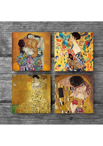 Gustav Klimt Yelpazeli Kadın, Bauer'in Portresi, Aile Kucaklama, Öpücük Taş Bardak Altlığı – 4’lü Set, 10x10 cm Dekoratif Masaüstü Koruyucu Doğaltaş Altlık |SC334| modelleri