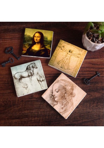 Stone Da Vinci Mona Lisa, Genç Bir Kadının Baş Profili, Vitruvius Adamı, At Heykeli Taş Bardak Altlığı – 4’lü Set, 10x10 cm Dekoratif Masaüstü Koruyucu Doğaltaş Altlık |SC137|