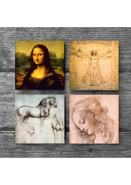 Stone Da Vinci Mona Lisa, Genç Bir Kadının Baş Profili, Vitruvius Adamı, At Heykeli Taş Bardak Altlığı – 4’lü Set, 10x10 cm Dekoratif Masaüstü Koruyucu Doğaltaş Altlık |SC137| modelleri
