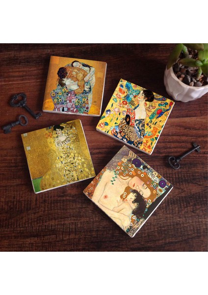 Gustav Klimt Yelpazeli Kadın, Bauer'in Portresi, Aile Kucaklama, Anne Çocuk Taş Bardak Altlığı – 4’lü Set, 10x10 cm Dekoratif Masaüstü Koruyucu Doğaltaş Altlık |SC335|