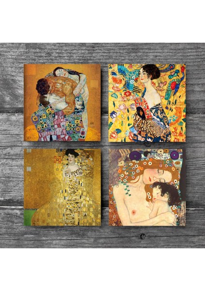 Gustav Klimt Yelpazeli Kadın, Bauer'in Portresi, Aile Kucaklama, Anne Çocuk Taş Bardak Altlığı – 4’lü Set, 10x10 cm Dekoratif Masaüstü Koruyucu Doğaltaş Altlık |SC335| modelleri